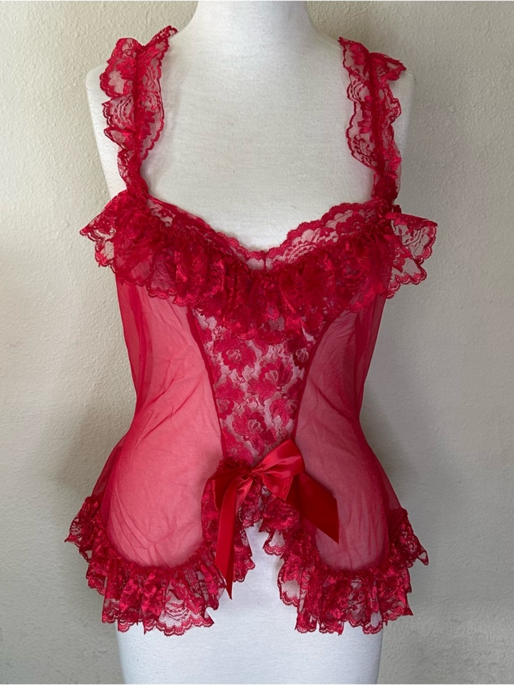 Vintage 80’s Shirley Of Hollywood Red Lace/Sheer Baby Doll Lingerie Size Large